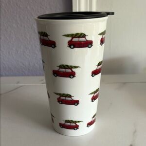 Red and White Travel Mug with Car Design